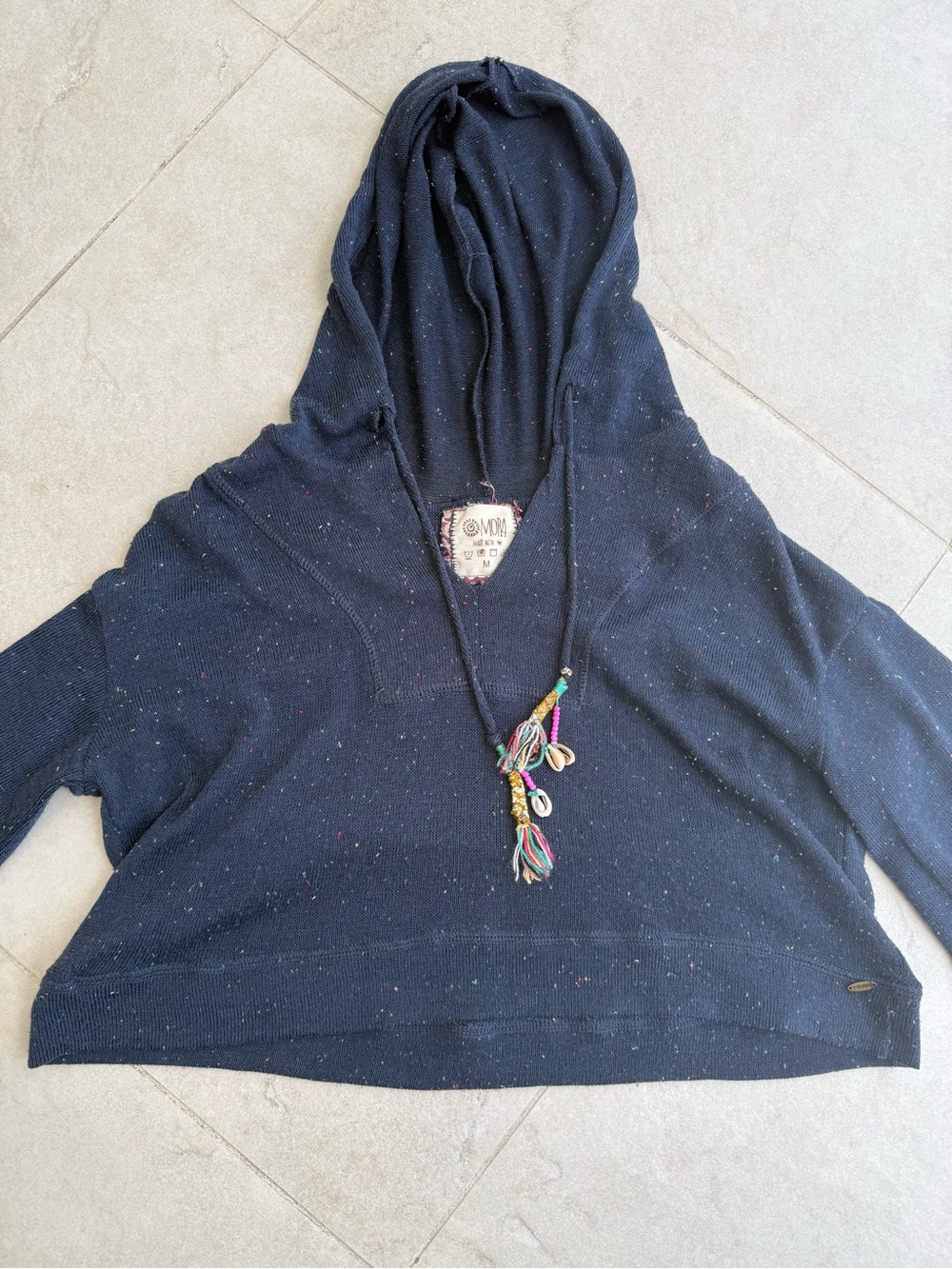 Women’s Navy Hooded Cropped Sweater with Tassel Drawstrings